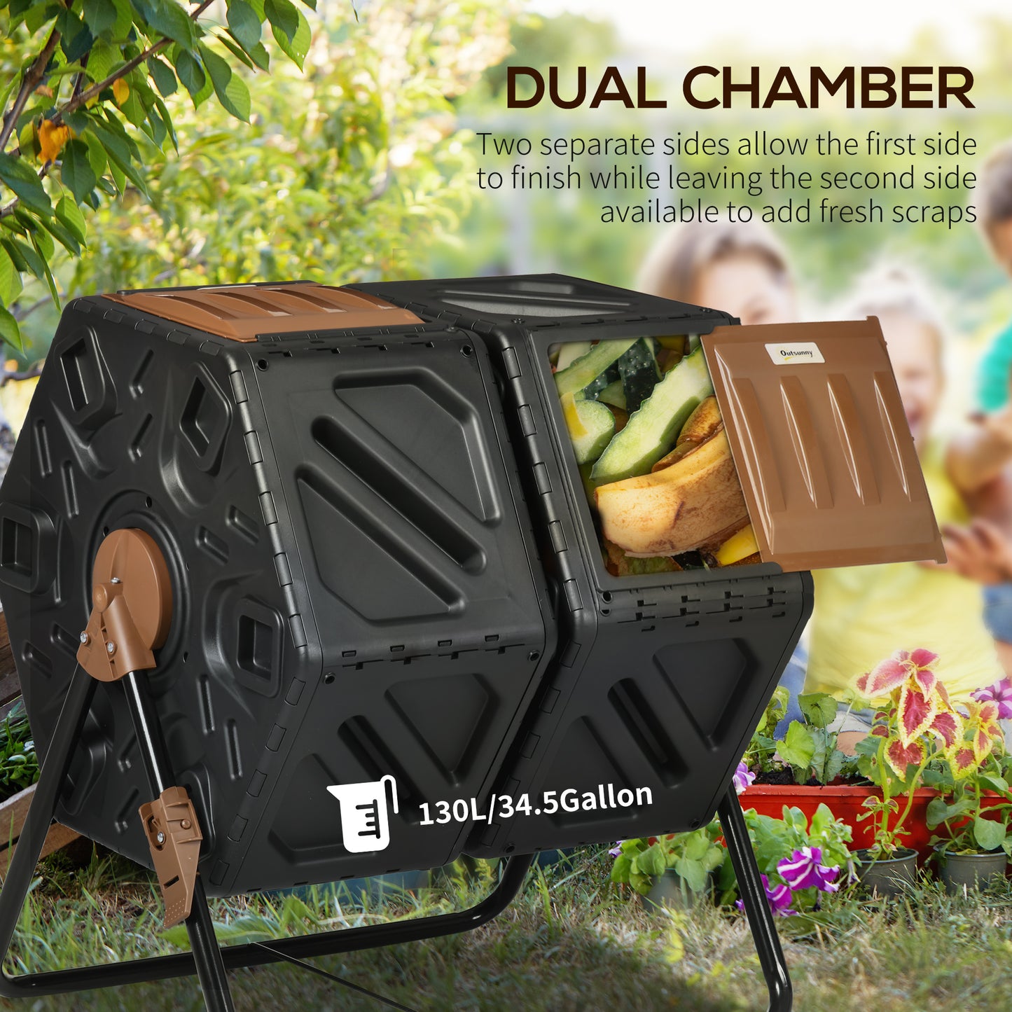 Outsunny 130L Double Chamber Composter Outdoor Garden Waste Bin Black For Eco Friendly Home Composting