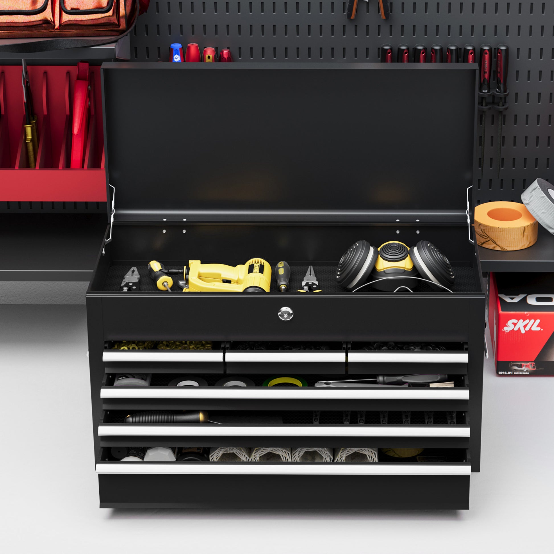 DURHAND Portable Lockable 6-Drawer Tool Chest with Top Case and Ball Bearing Runners - Durable Metal Toolbox in Black - ALL4U RETAILER LTD