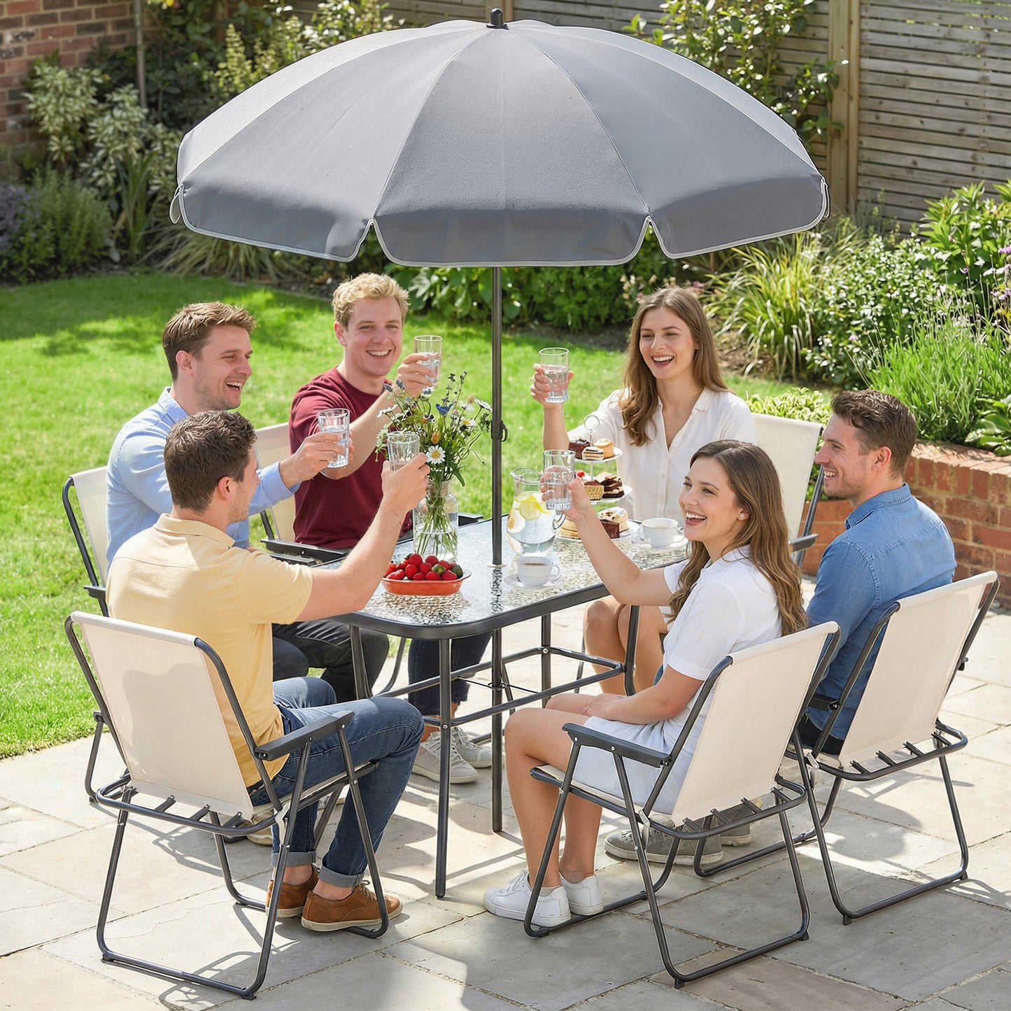 Outsunny 8 Piece Garden Dining Set With Umbrella, 6 Folding Chairs, Tempered Glass Table For Patio Cream