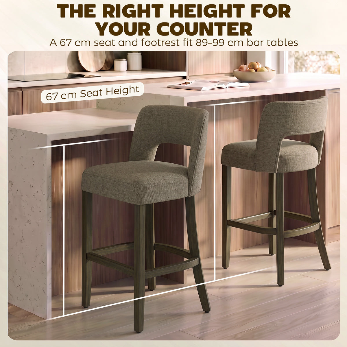 Bar stool for counter height with curved backrest, dark chenille seat, and footrest