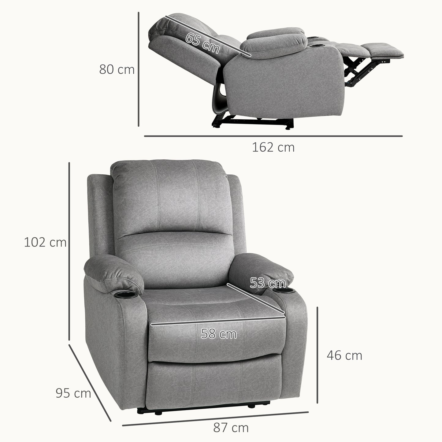 HOMCOM Microfibre Manual Reclining Armchair With Footrest Grey Cup Holder Armrests