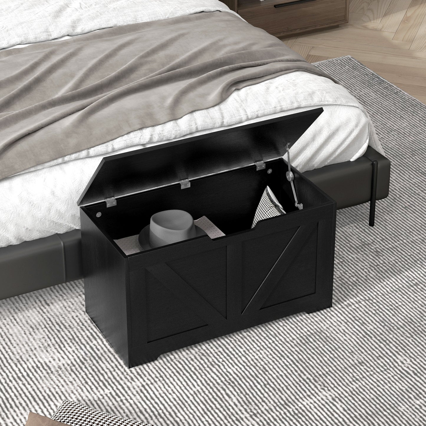 HOMCOM 100L Storage Ottoman Bench With Safety Hinges Black Wood Effect For Living Room Storage And Seating