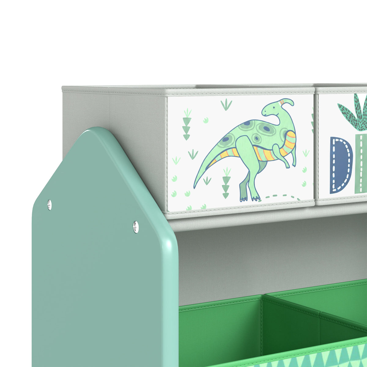 Light green rack frame with green fabric drawer panel and dinosaur print detail
