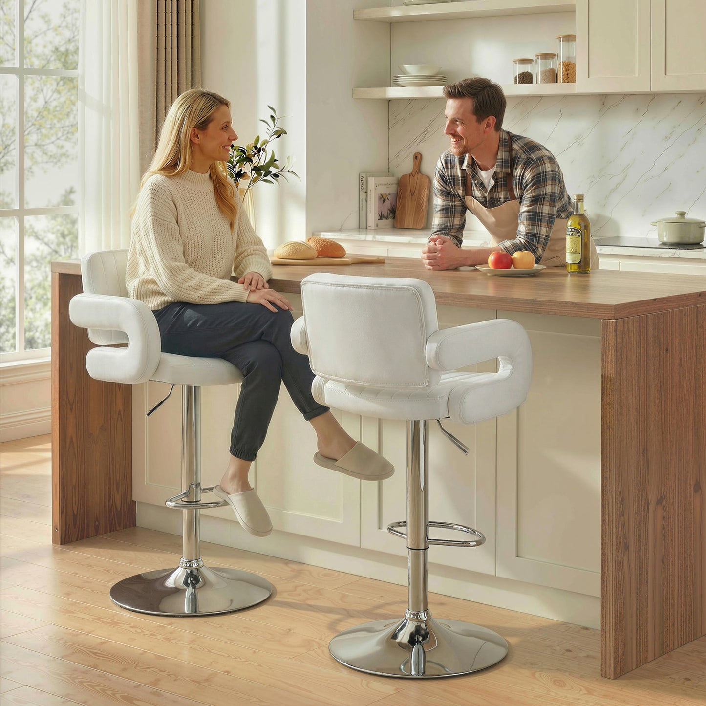 HOMCOM Adjustable Bar Stools Set Of 2 Swivel Kitchen Chairs With Backrest And Armrests PU Leather White
