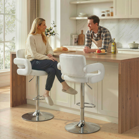 HOMCOM Adjustable Bar Stools Set Of 2 Swivel Kitchen Chairs With Backrest And Armrests PU Leather White