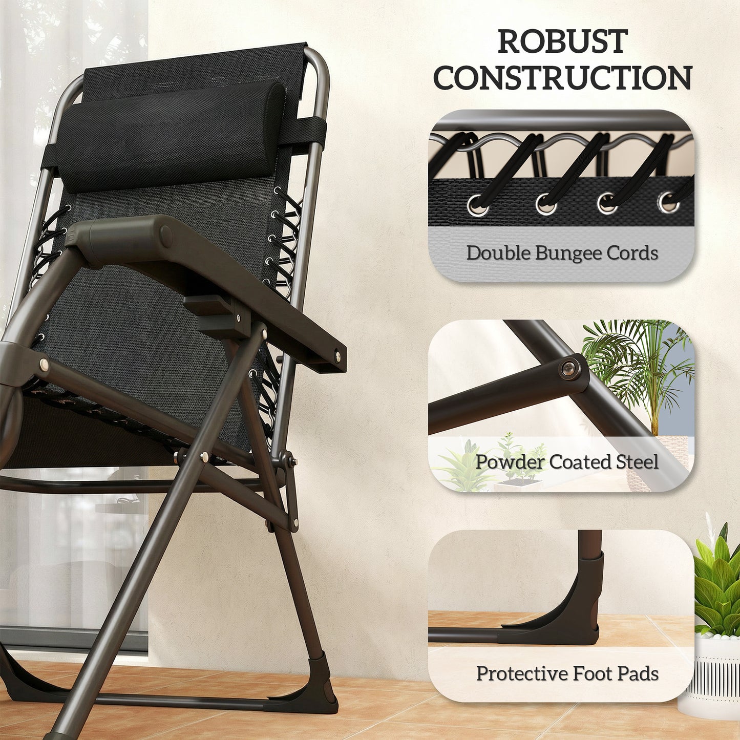 Outsunny Zero Gravity Chairs Set of 2 Folding Sunloungers Reclining Garden Chairs with Cup Holder and Headrest Black
