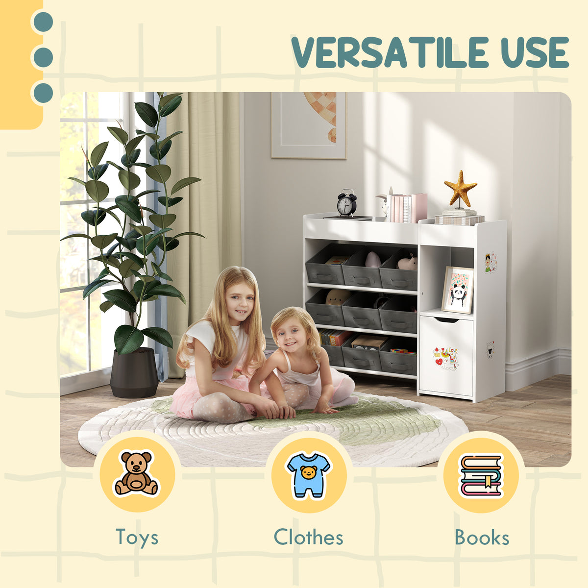 White kids toy storage organizer for toys, clothes, and books, with gray removable bins