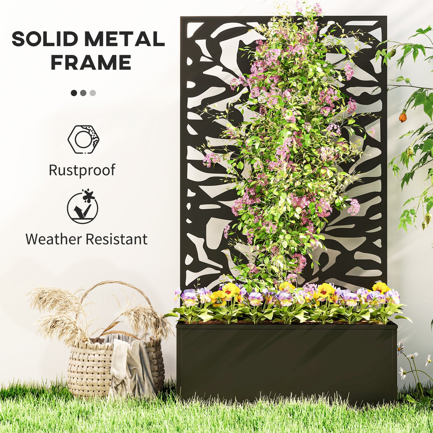 Outsunny Metal Garden Bed With Trellis Raised Planter Privacy Panel Wall Mounted Or Freestanding Black