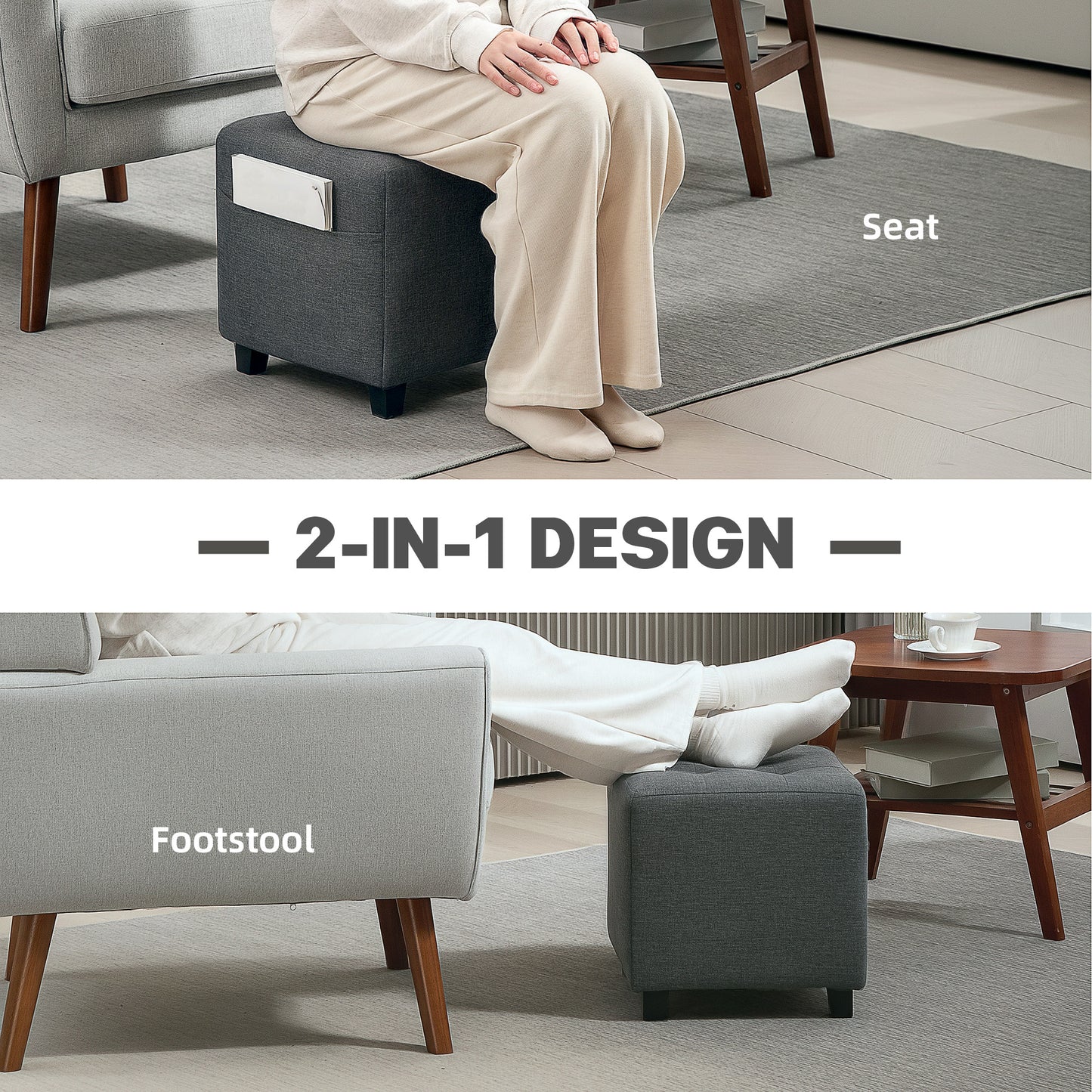 HOMCOM Square Footstool With Side Pocket Linen Fabric Ottoman Padded Seat Rubber Wood Legs Grey 35cm