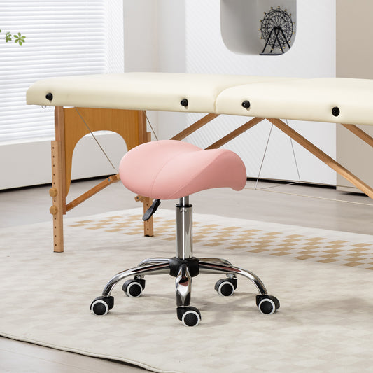 HOMCOM Adjustable Pink Faux Leather Saddle Stool for Salon and Spa Use - ALL4U RETAILER LTD