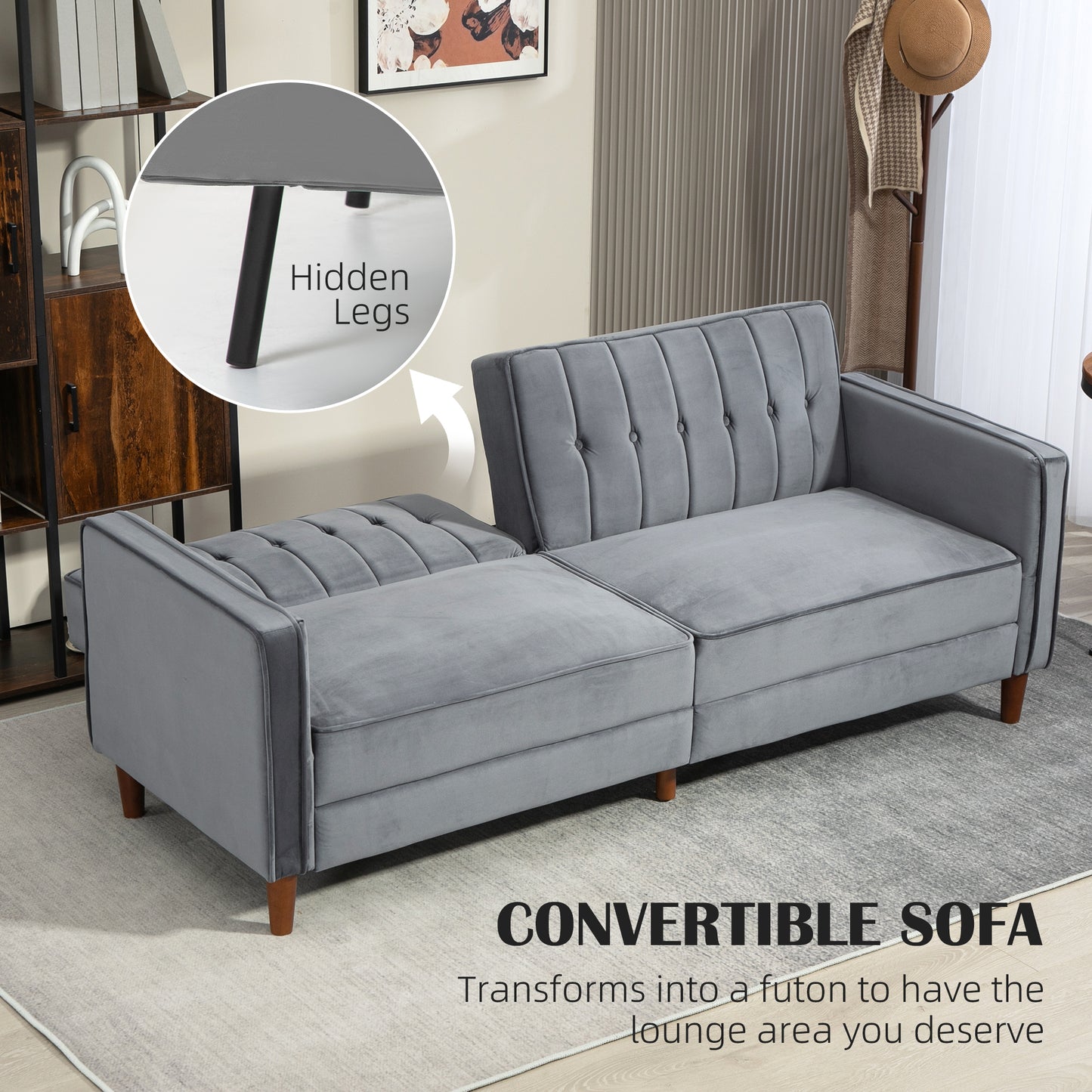 HOMCOM Velvet Feel Three Seater Sofa Bed In Dark Grey With Thick Cushions And Back Support