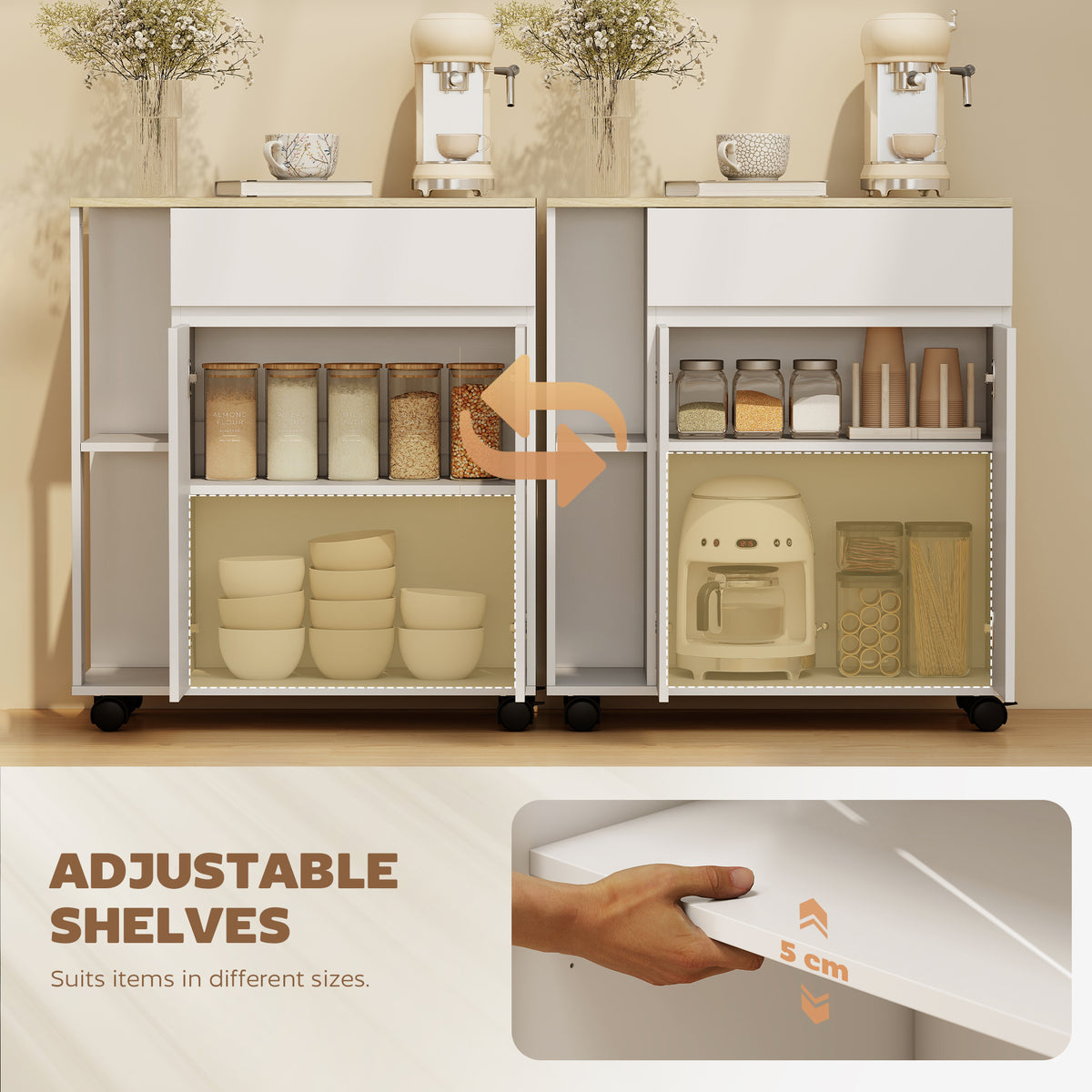 HOMCOM Rolling Kitchen Trolley Cart with Cabinet Drawer and Shelves White