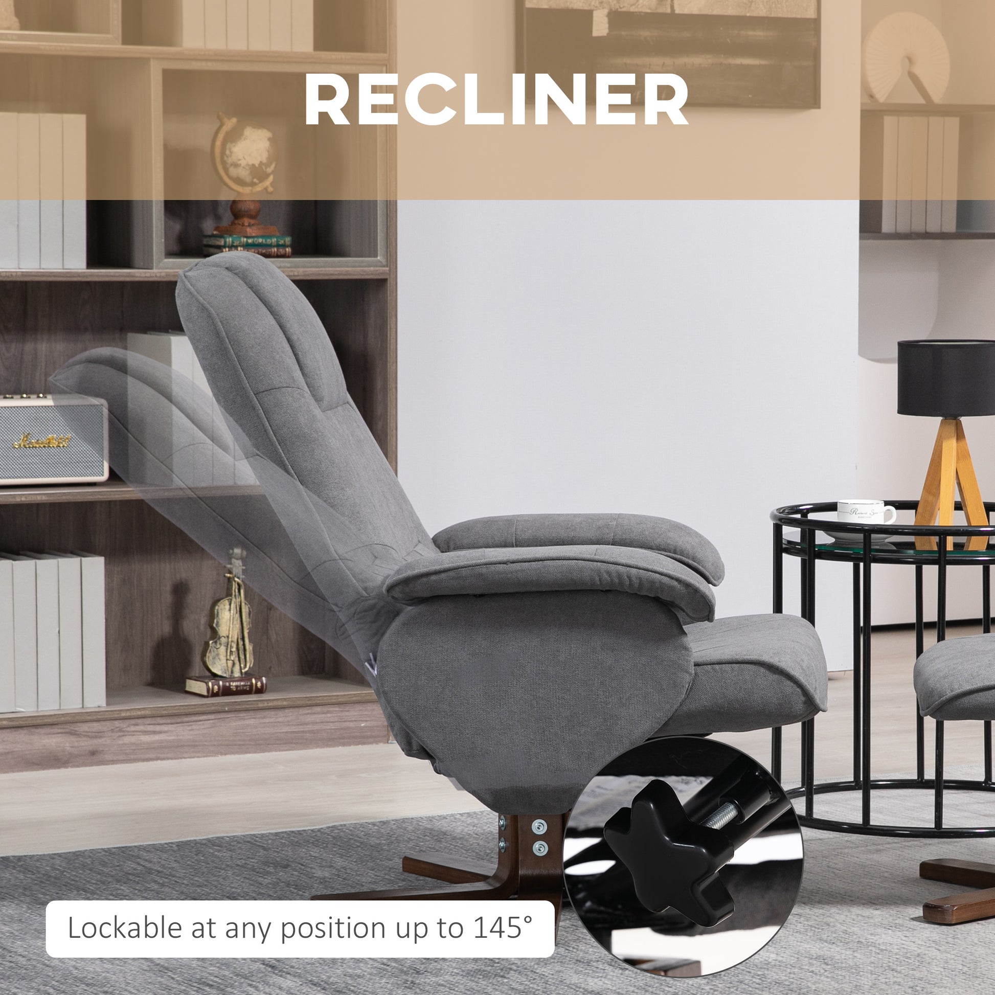 HOMCOM Grey Linen Recliner Chair and Ottoman Set with 360° Swivel and Wooden Base for Living Room Comfort - ALL4U RETAILER LTD