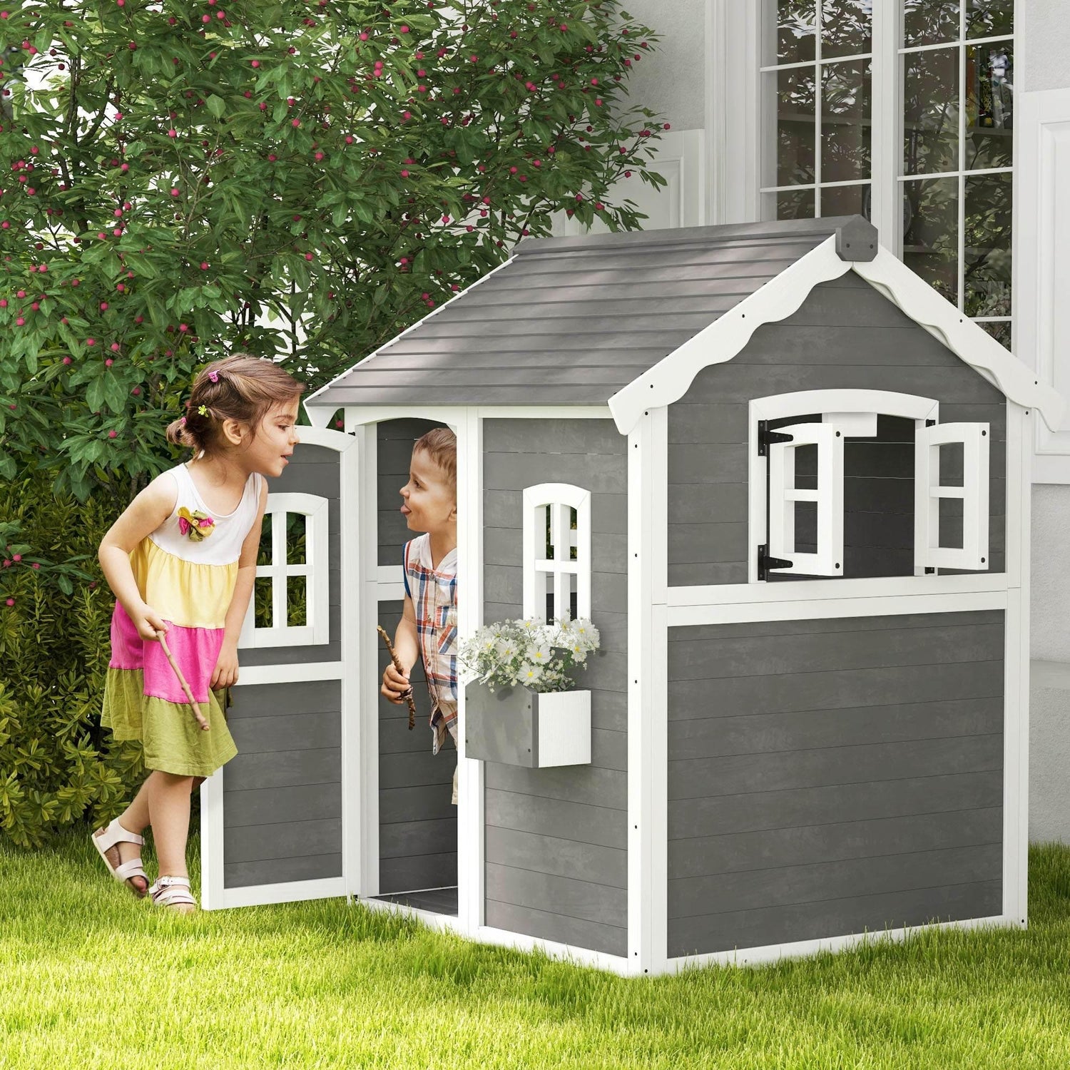 Outsunny Childrens Wooden Cottage Playhouse with Doors, Windows, and Plant Box - Outdoor Fun for Ages 3-8, Grey - ALL4U RETAILER LTD