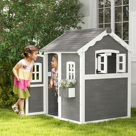 Outsunny Childrens Wooden Cottage Playhouse with Doors, Windows, and Plant Box - Outdoor Fun for Ages 3-8, Grey - ALL4U RETAILER LTD