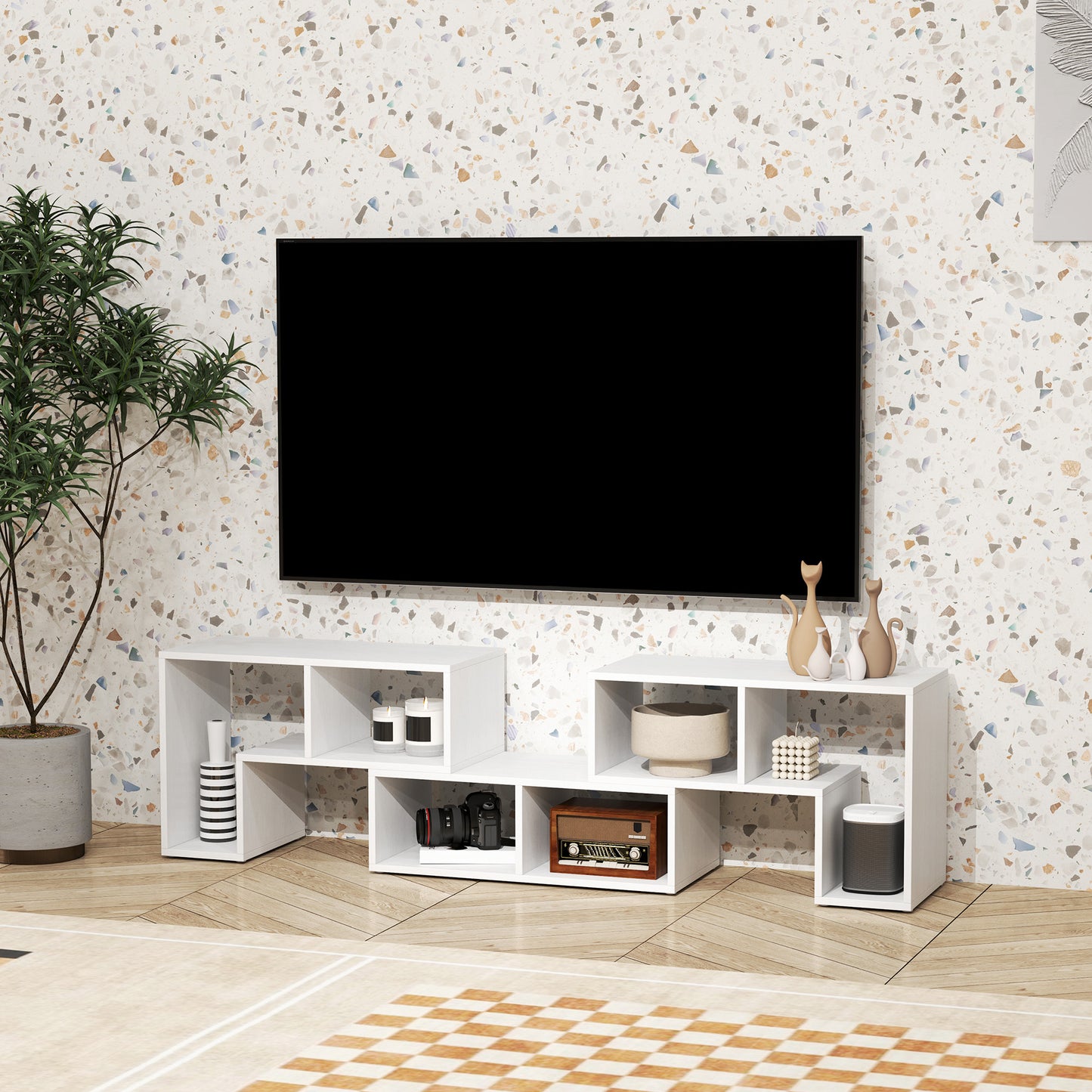HOMCOM Three Block Modular TV Stand White Wood Effect With Six Shelves For Up To 75 Inch Screens