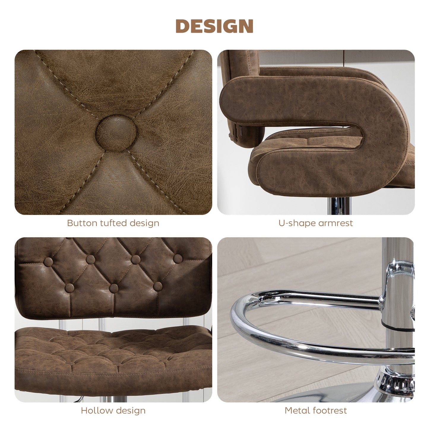 HOMCOM PU Leather Upholstered Swivel Bar Stool Height Adjustable Back Armrest Footrest Coffee