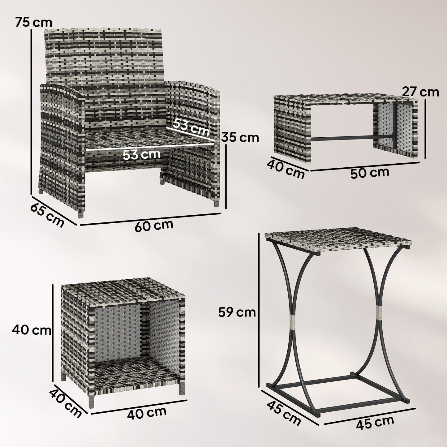 Outsunny 6 Piece Rattan Garden Furniture Set With Nesting Tables Chairs Stools Cushions Grey Patio Outdoor Living
