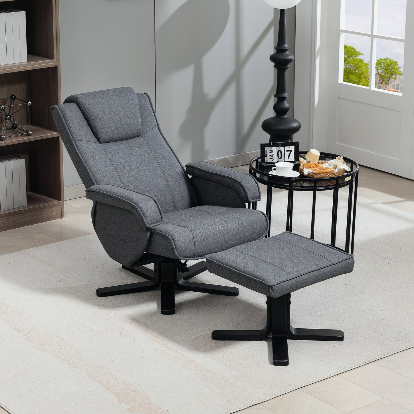HOMCOM Swivel Recliner Chair With Footstool Charcoal Grey Linen 135 Degree Recline For Living Room And Fireside Comfort