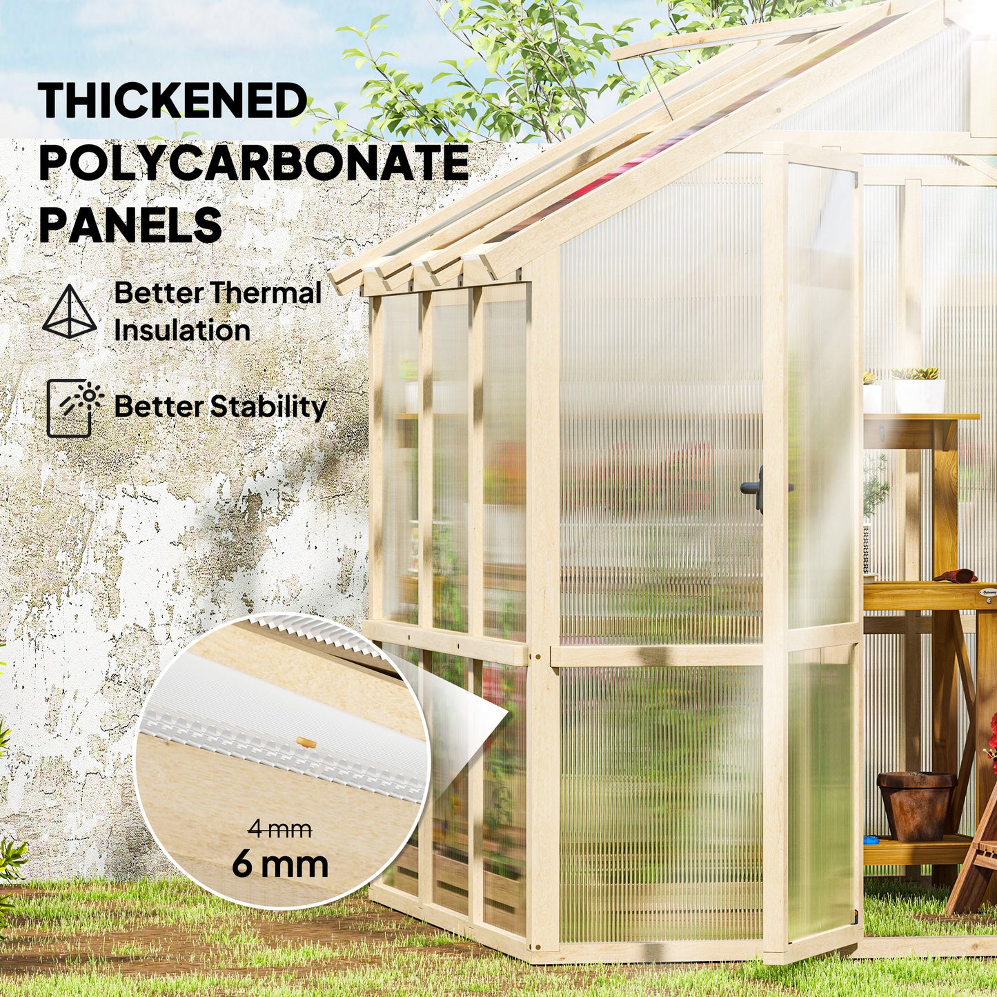 Outsunny 6.6 by 6ft Polycarbonate Walk In Wooden Greenhouse Lockable Door and Window Brown Garden Grow House