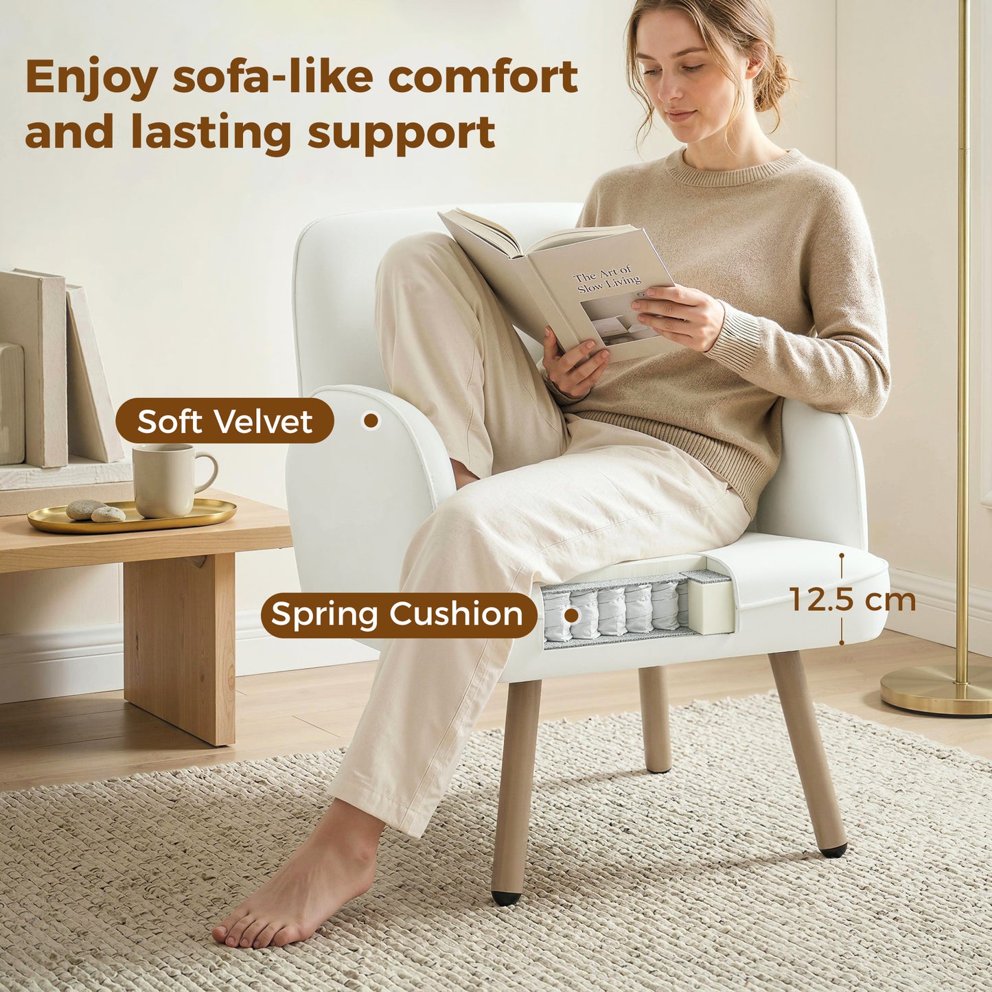 HOMCOM Velvet Upholstered Lounge Chair With Spring Cushion Cream White For Living Room And Bedroom