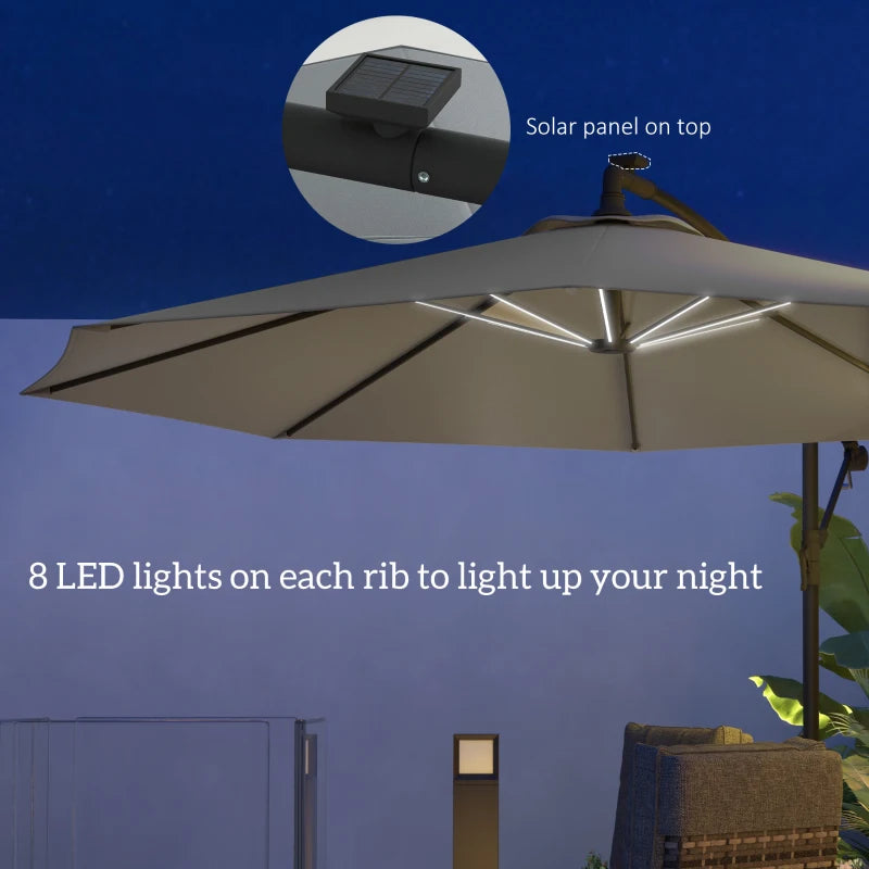 Outsunny 3m Grey Cantilever Parasol with Solar LED Lights - Garden Umbrella with Cross Base, Crank Handle, and Hanging Offset Banana Sun Shade for Patio and Outdoor Use - ALL4U RETAILER LTD