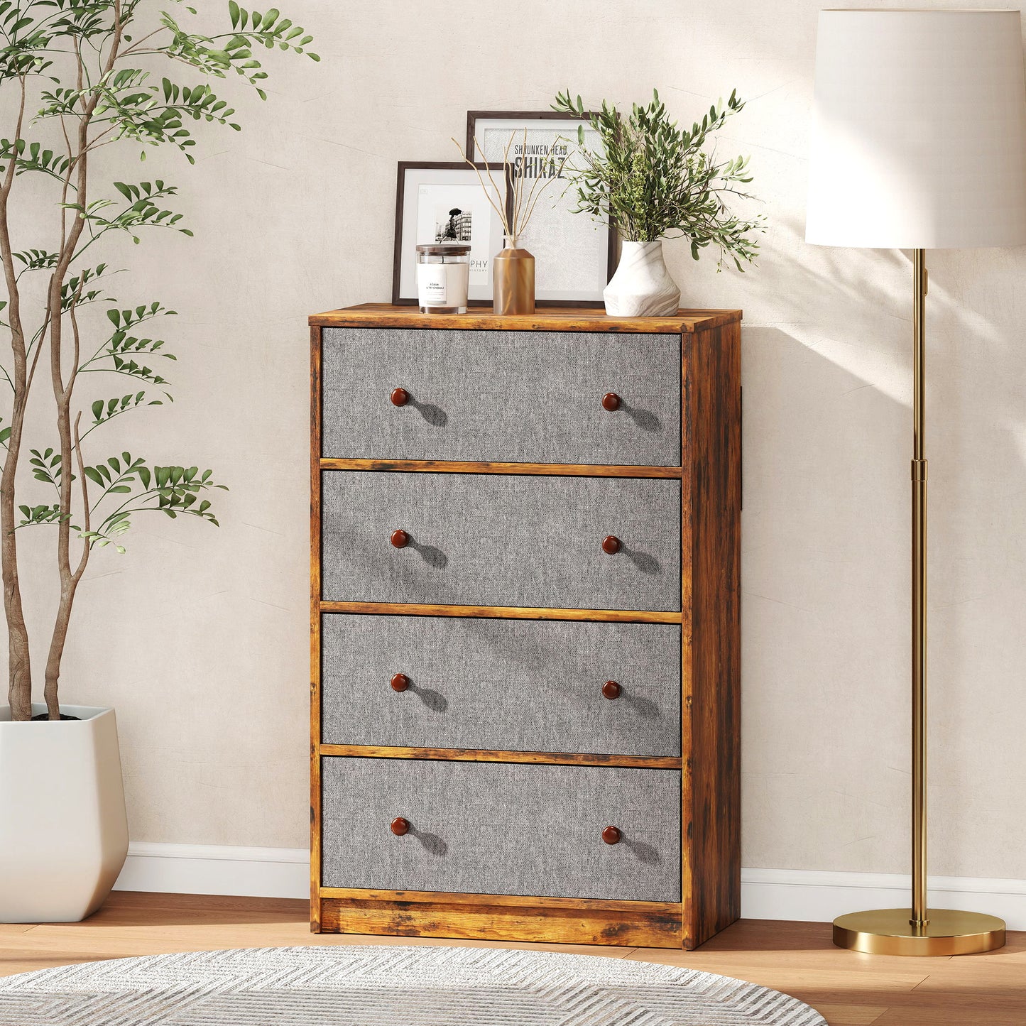 HOMCOM Chest Of Drawers Four Fabric Drawers Grey And Rustic Brown Wood Effect MDF Steel Frame