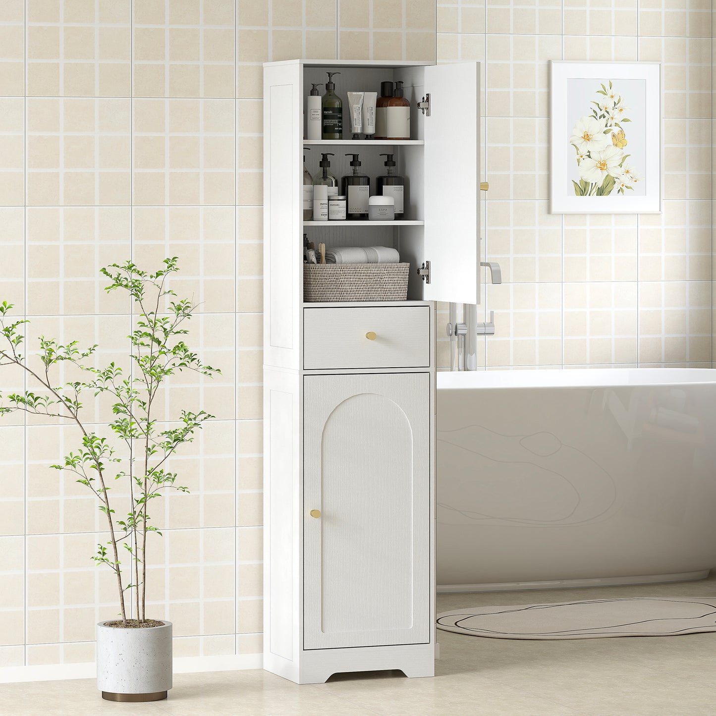 HOMCOM Tall Bathroom Cabinet With Arched Doors White Slim Storage With Two Cupboards And Middle Drawer