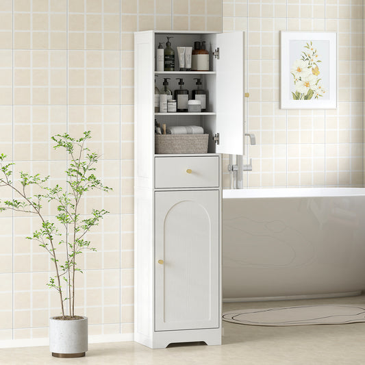 HOMCOM Tall Bathroom Cabinet With Arched Doors White Slim Storage With Two Cupboards And Middle Drawer