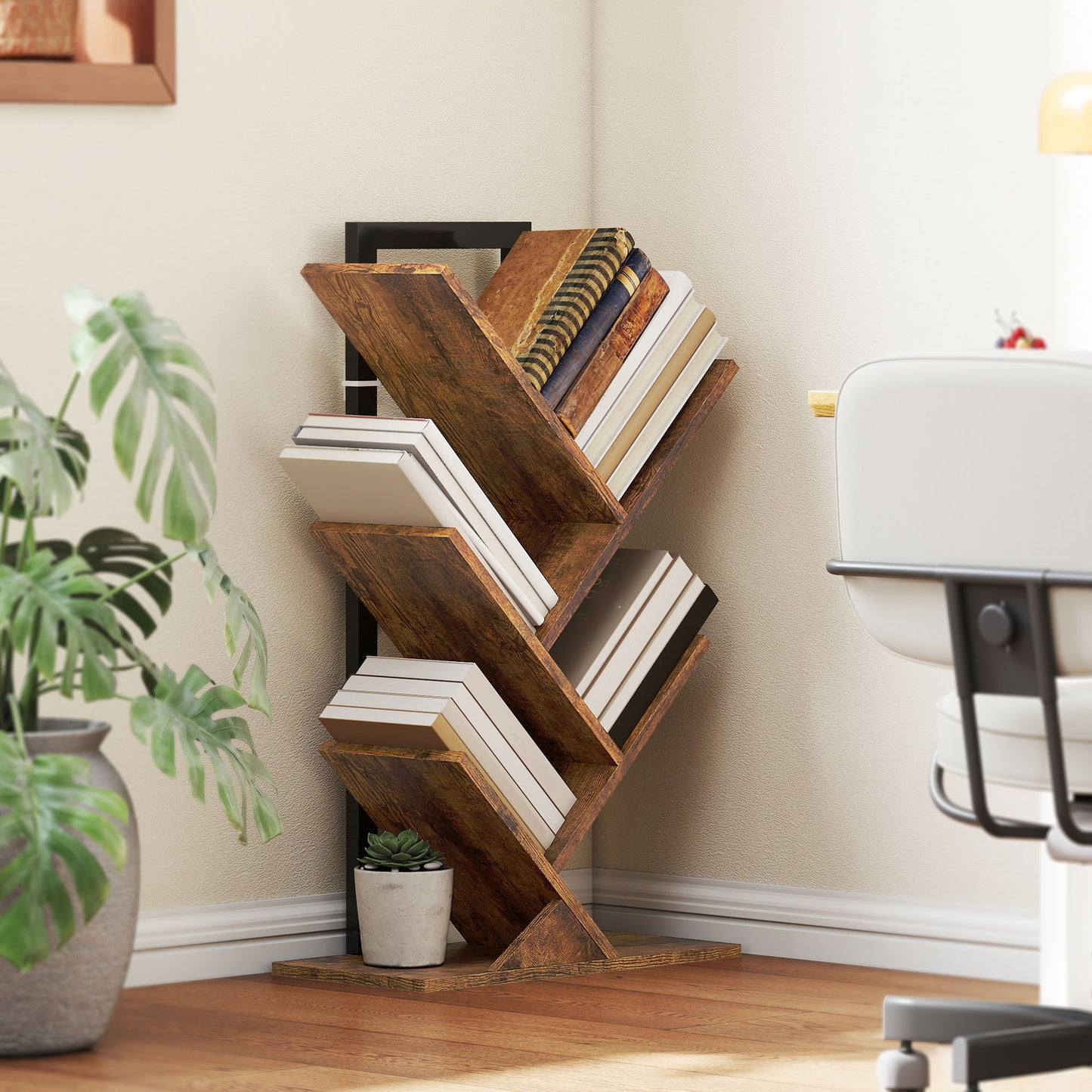 HOMCOM Four Section Tree Bookcase Wood Effect With Steel Frame And Particle Board Core For Books And Magazines