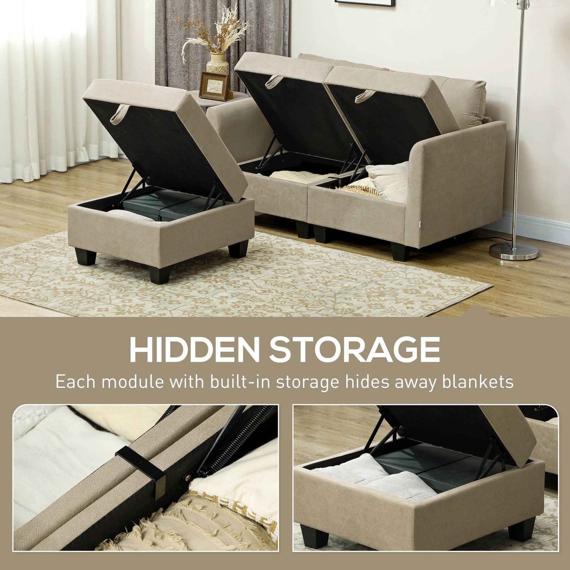 HOMCOM Customisable Light Brown 'L' Shaped Storage Sofa Set - ALL4U RETAILER LTD