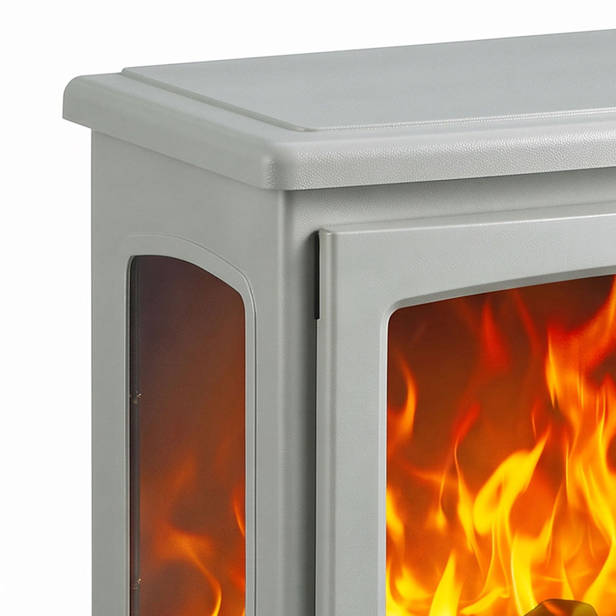 Grey electric fireplace tempered glass front with side windows and glowing orange flames