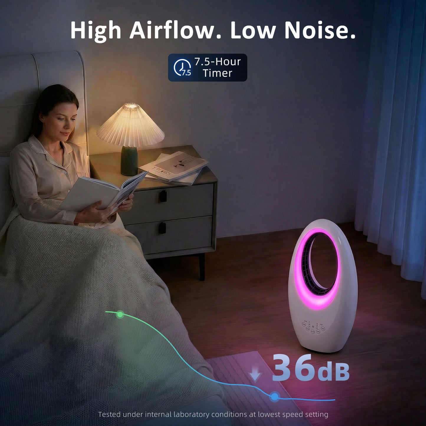 HOMCOM Bladeless Tower Fan Quiet 36dB With 60 Degree Oscillation LED Lights 3 Speeds 7.5H Timer Remote Control