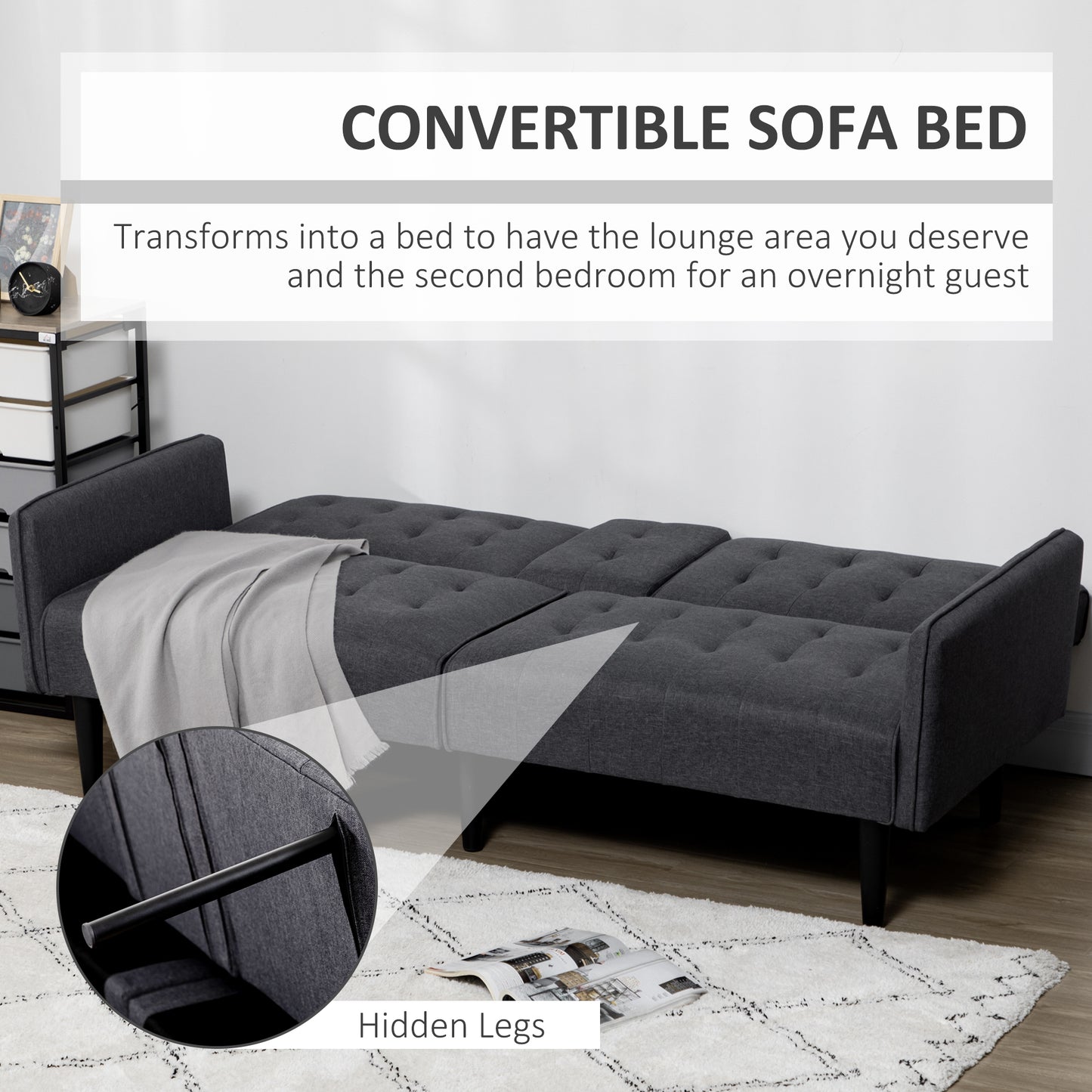 Homcom Three Seater Sofa Bed With Cupholders Grey Space Saving Convertible Couch For Small Apartments And Guests