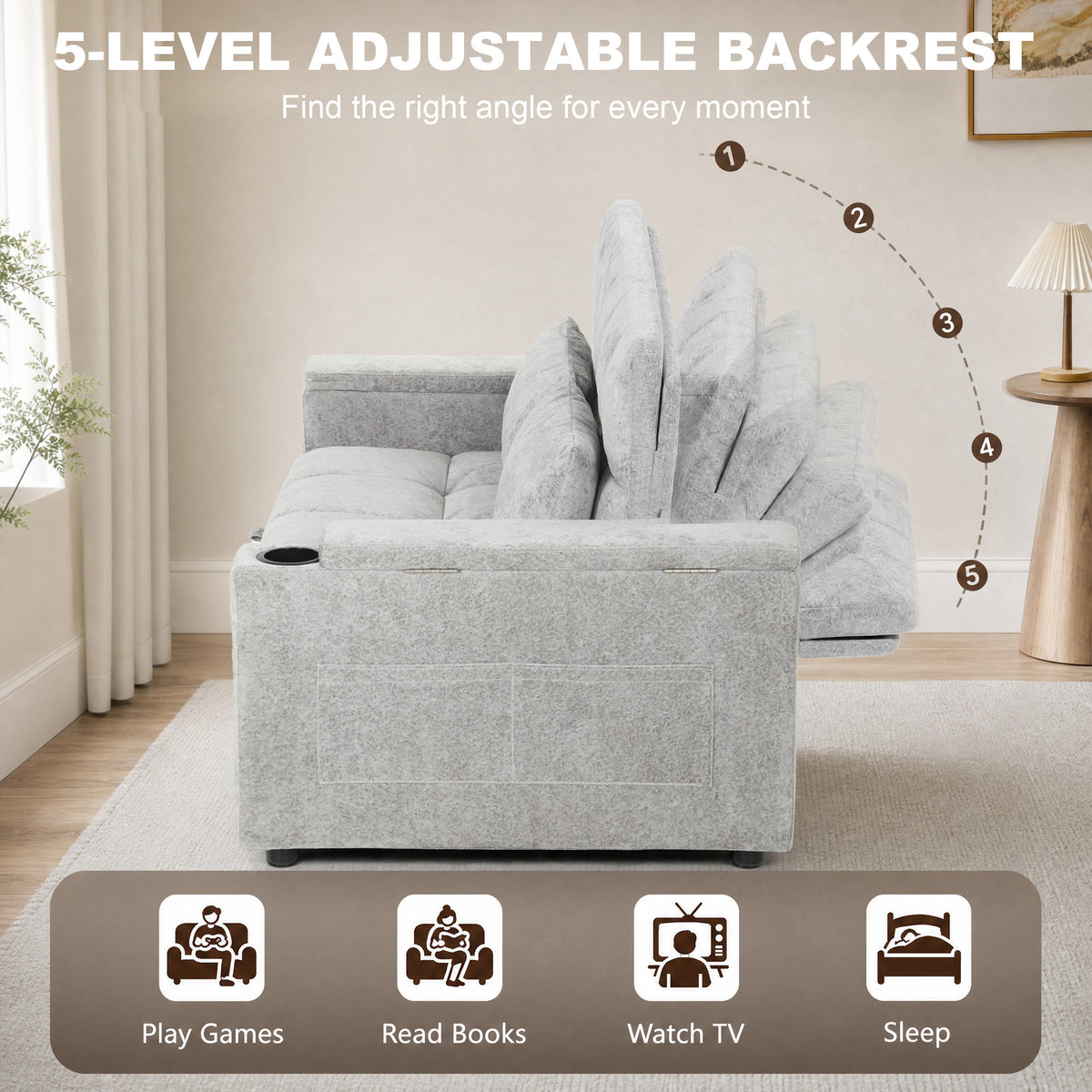 Grey sofa bed with 5-level adjustable backrest for lounging and sleeping