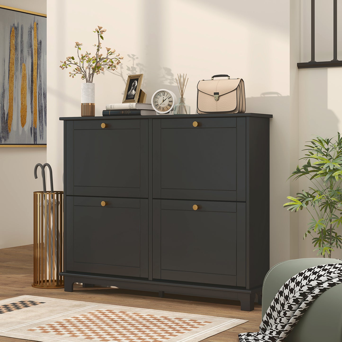 HOMCOM Slim Narrow Shoe Storage Cabinet With Four Flip Drawers And Adjustable Shelves Holds 16 Pairs Of Shoes Black