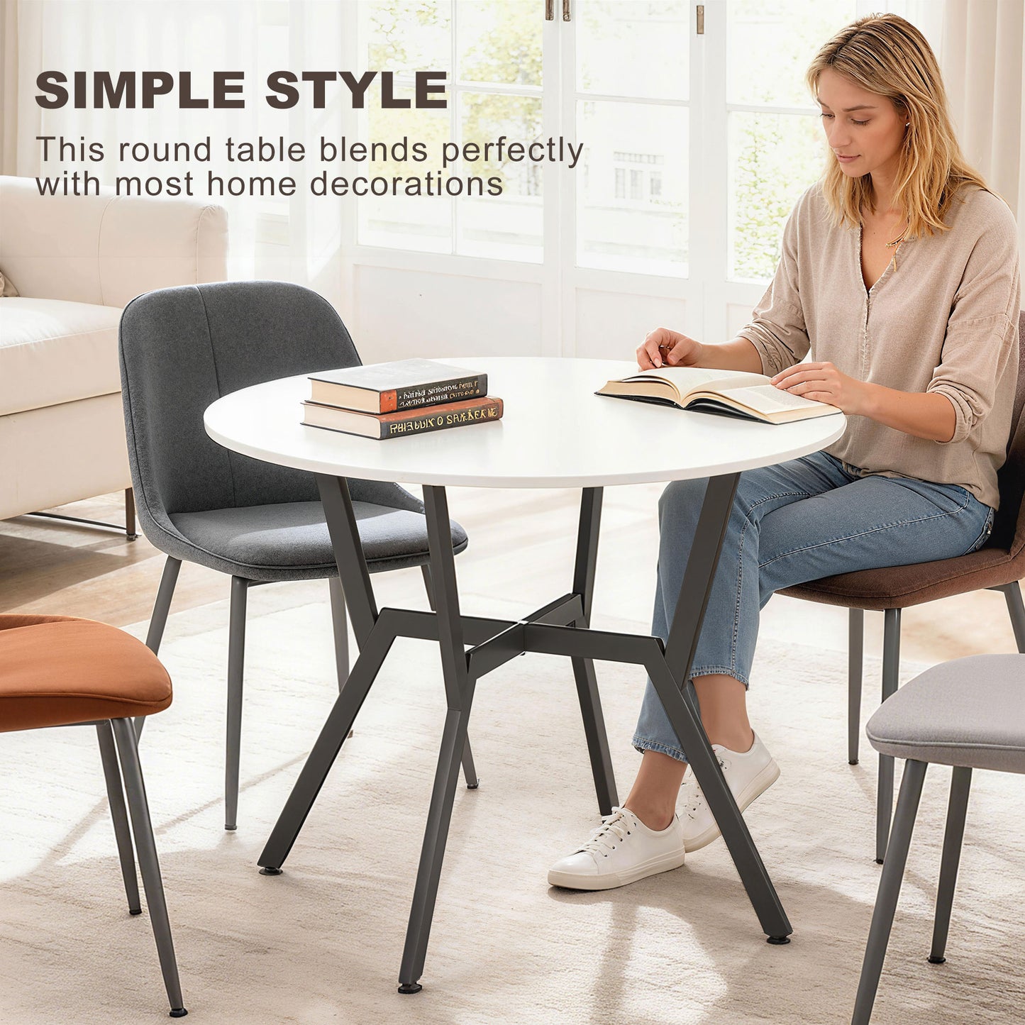 HOMCOM Round Dining Table With Black Metal Legs 90 By 76 cm High Gloss White For Living Room And Dining Room