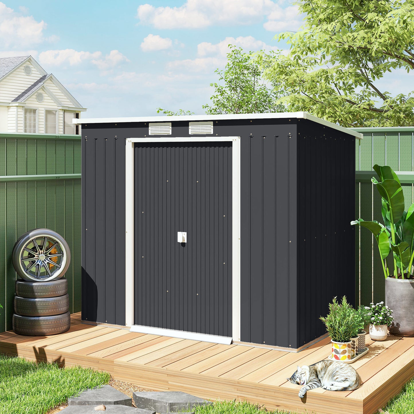 Outsunny 7 By 4Ft Galvanised Steel Garden Shed With Foundation Kit Double Door Two Vents Dark Grey