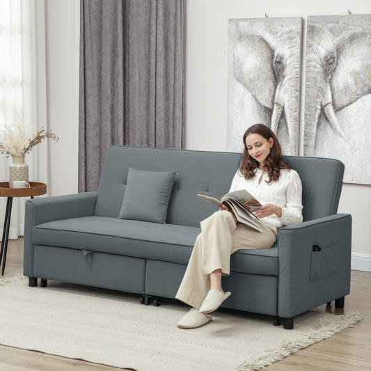 HOMCOM Luxurious Three Seater Velvet Feel Sofa Bed Grey With Click Clack Mechanism Wheels And Pull Handles