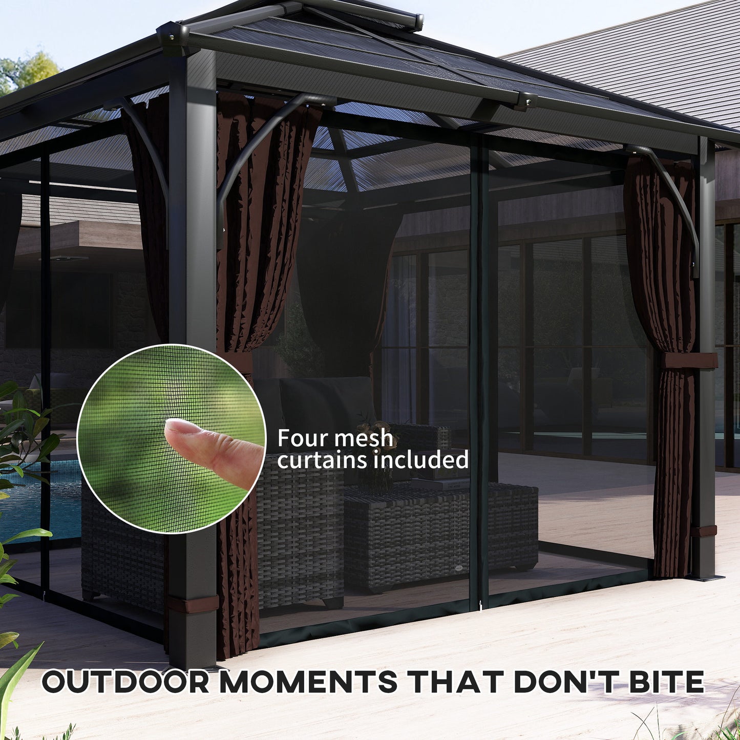 Outsunny 3x3m Hardtop Gazebo With 7mm Polycarbonate Double Tier Roof Garden Patio Mosquito Netting Curtains Brown