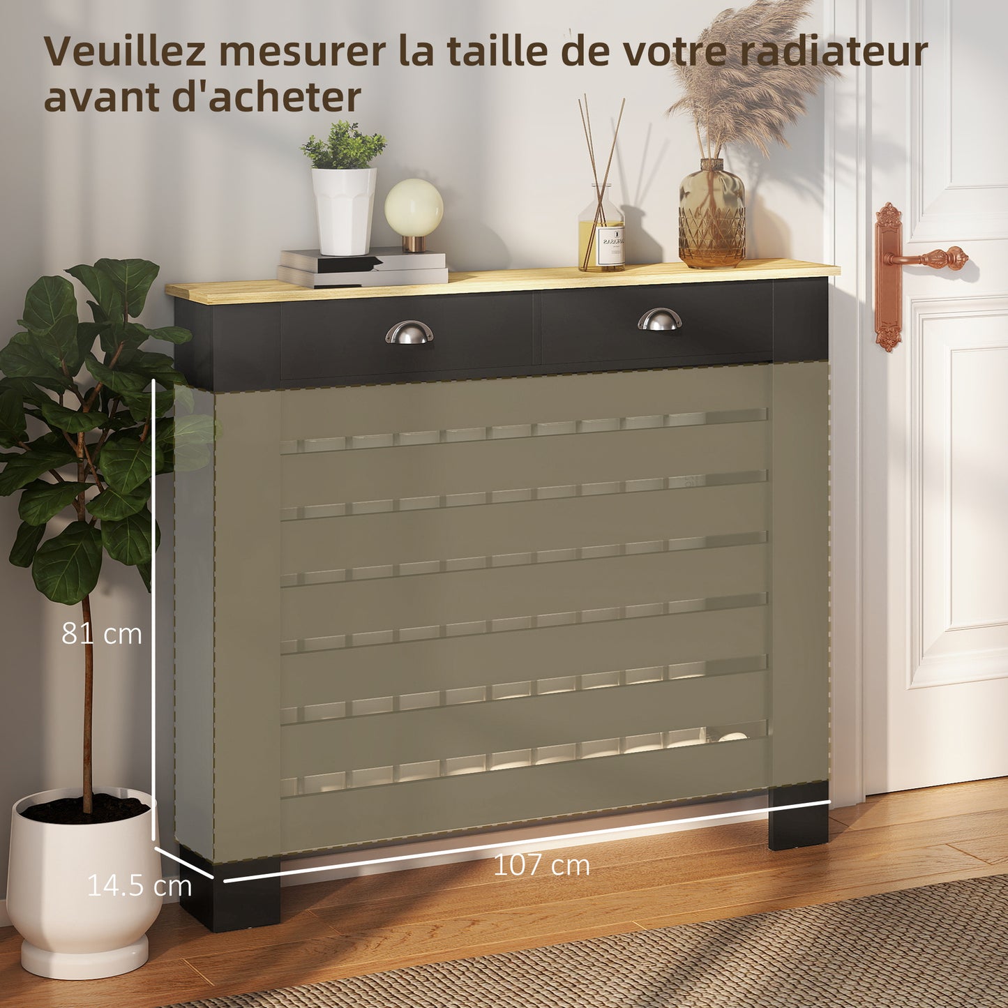 HOMCOM Radiator Cover With Drawer Black 95.5H X 111W cm Slim Slatted MDF And Particle Board