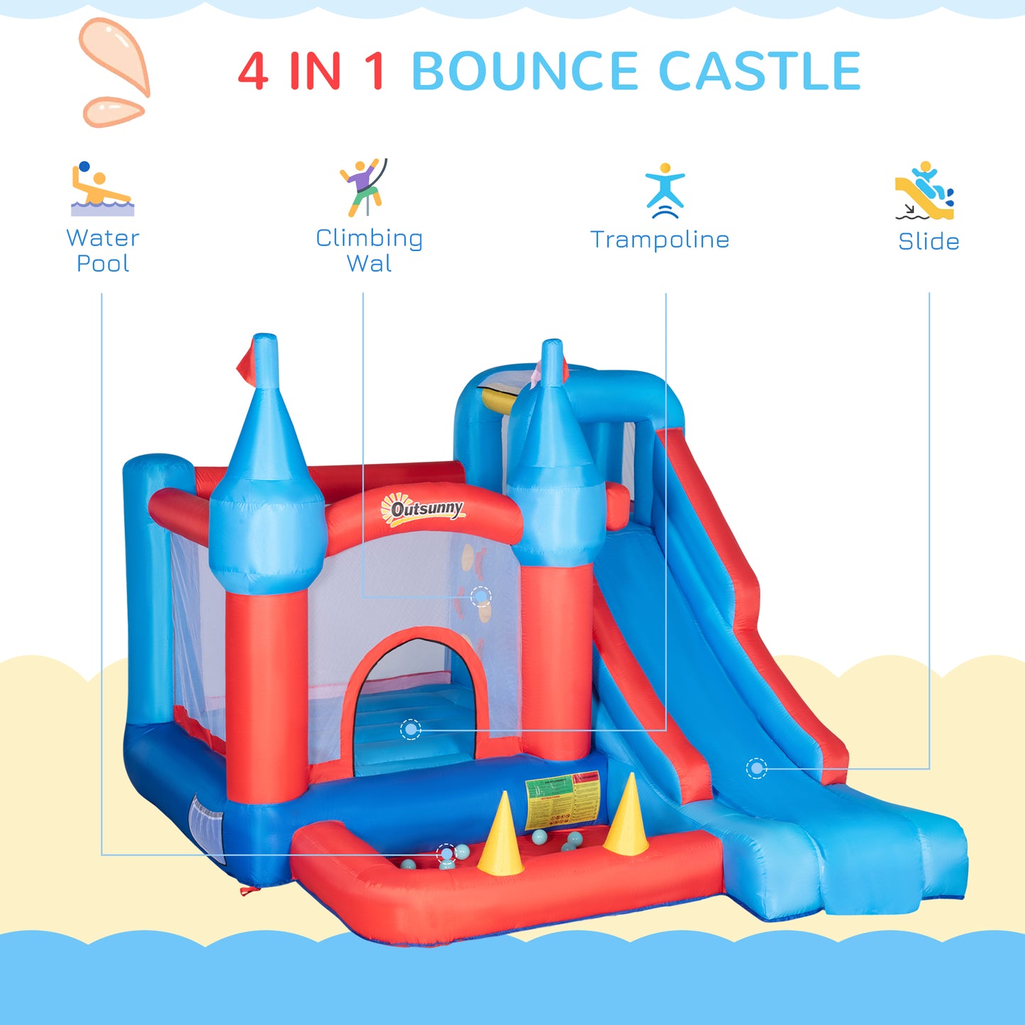 Outsunny 5-in-1 Inflatable Kids Bouncy Castle with Slide, Trampoline, Water Pool & Climbing Wall - Perfect for Ages 3-8 - ALL4U RETAILER LTD