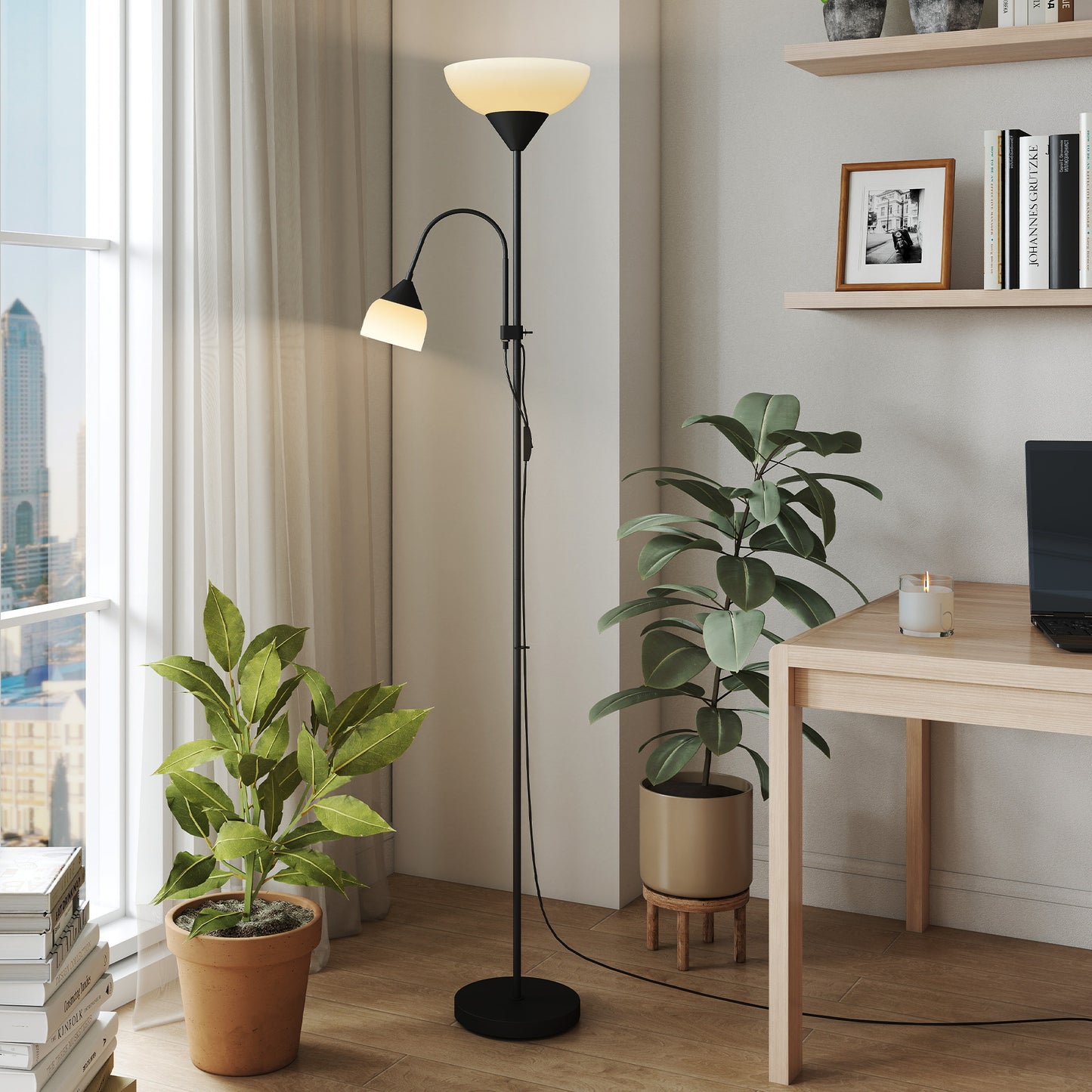 HOMCOM LED Floor Lamp With Mother And Child Uplighter Adjustable Gooseneck Color Temperatures 3000K 4500K 6500K Black