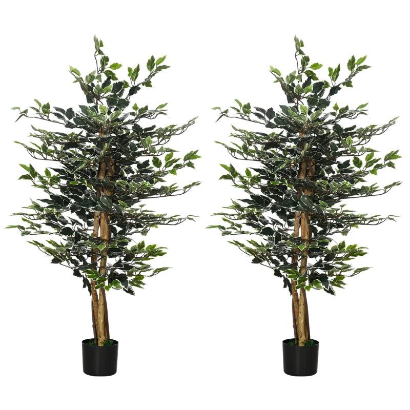 HOMCOM Set of 2 Artificial Ficus Trees in Pot - 130cm Tall Fake Plants with Lifelike Leaves and Natural Trunks - for Indoor and Outdoor Decor - Green - ALL4U RETAILER LTD