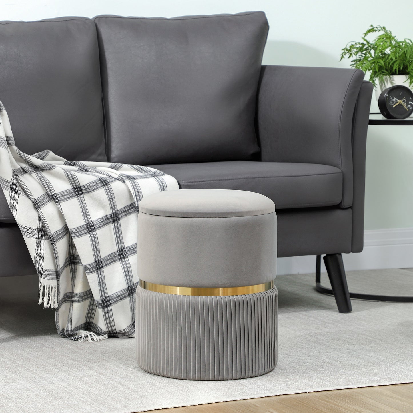 HOMCOM Velvet Feel Storage Ottoman With Under Seat Storage In Light Grey For Living Room
