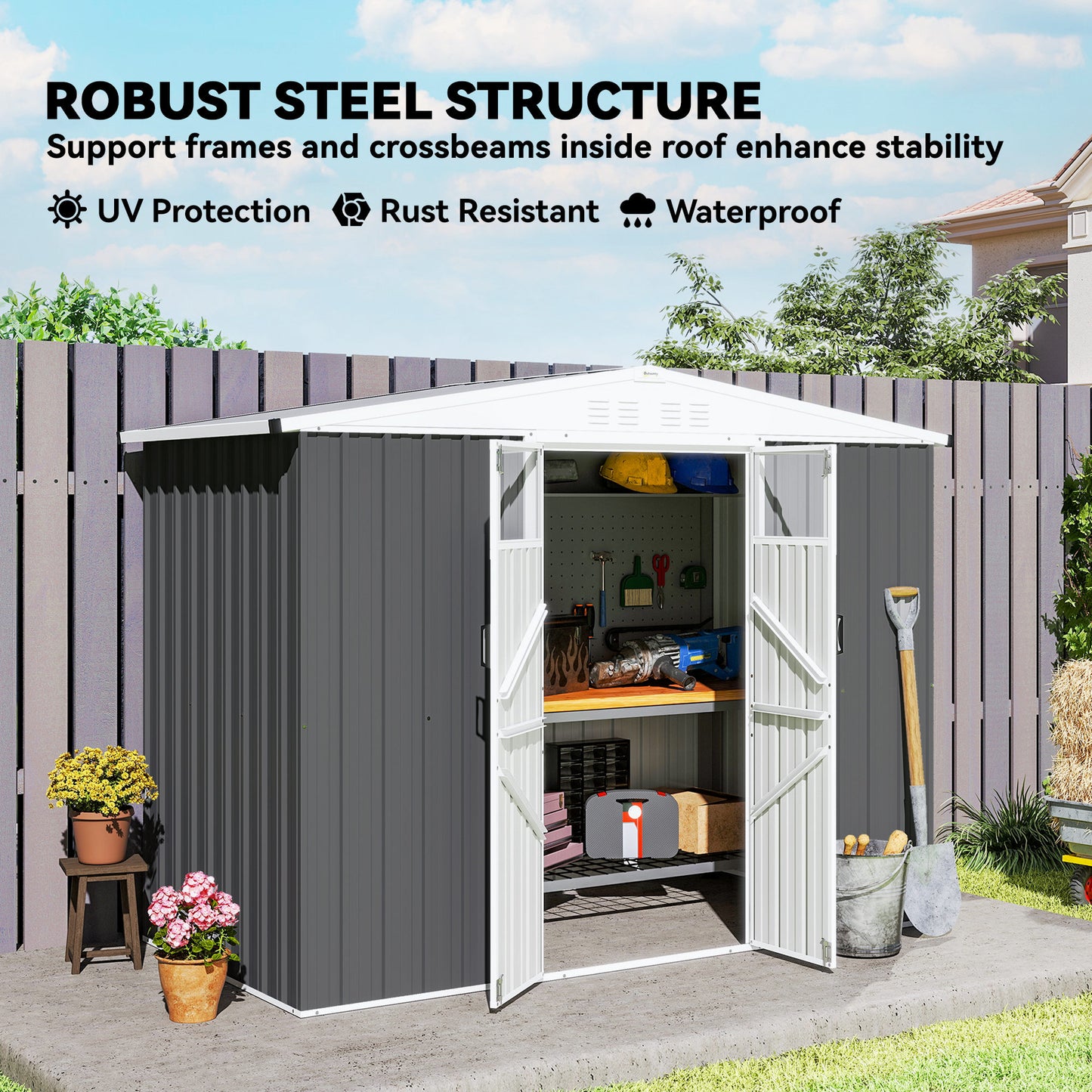 Outsunny 8x4 Ft Metal Garden Shed With Lockable Door Window And Four Vents Waterproof Galvanised Steel Dark Grey