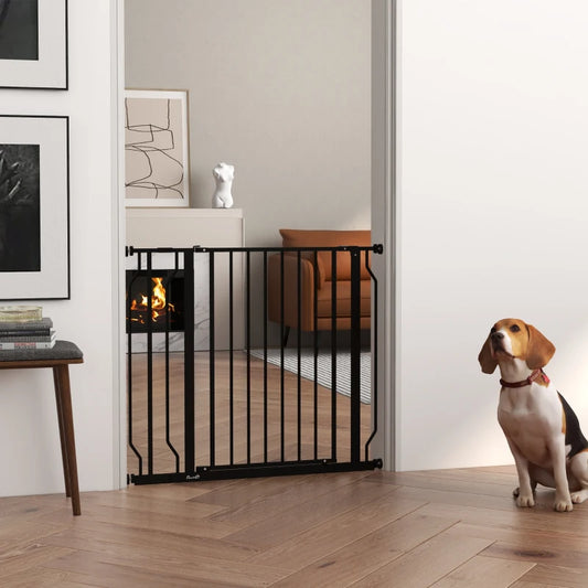 PawHut Wide Dog Safety Gate with Door, Pressure Mount Design - Ideal for Doorways, Hallways, Staircases - Black