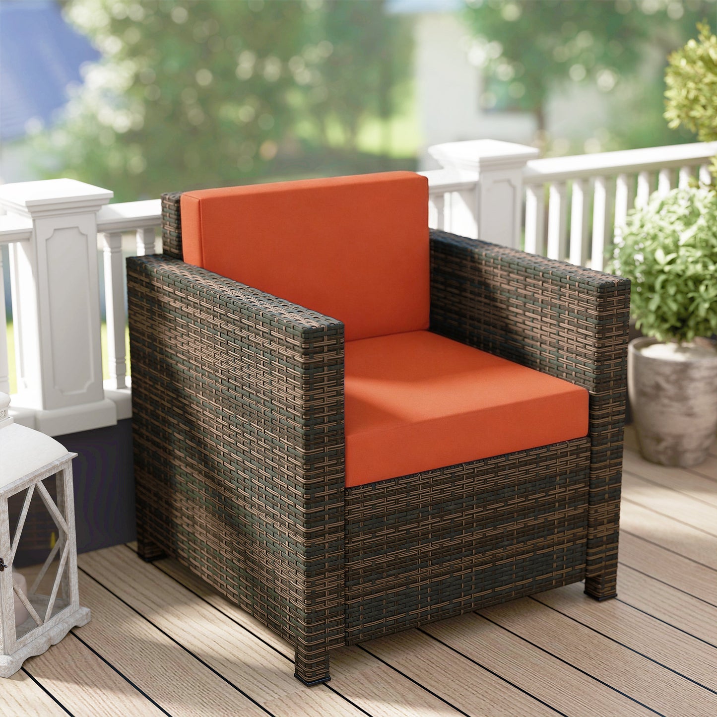 Outsunny PE Rattan Garden Armchair With Cushion In Mixed Brown And Orange Outdoor Patio Furniture