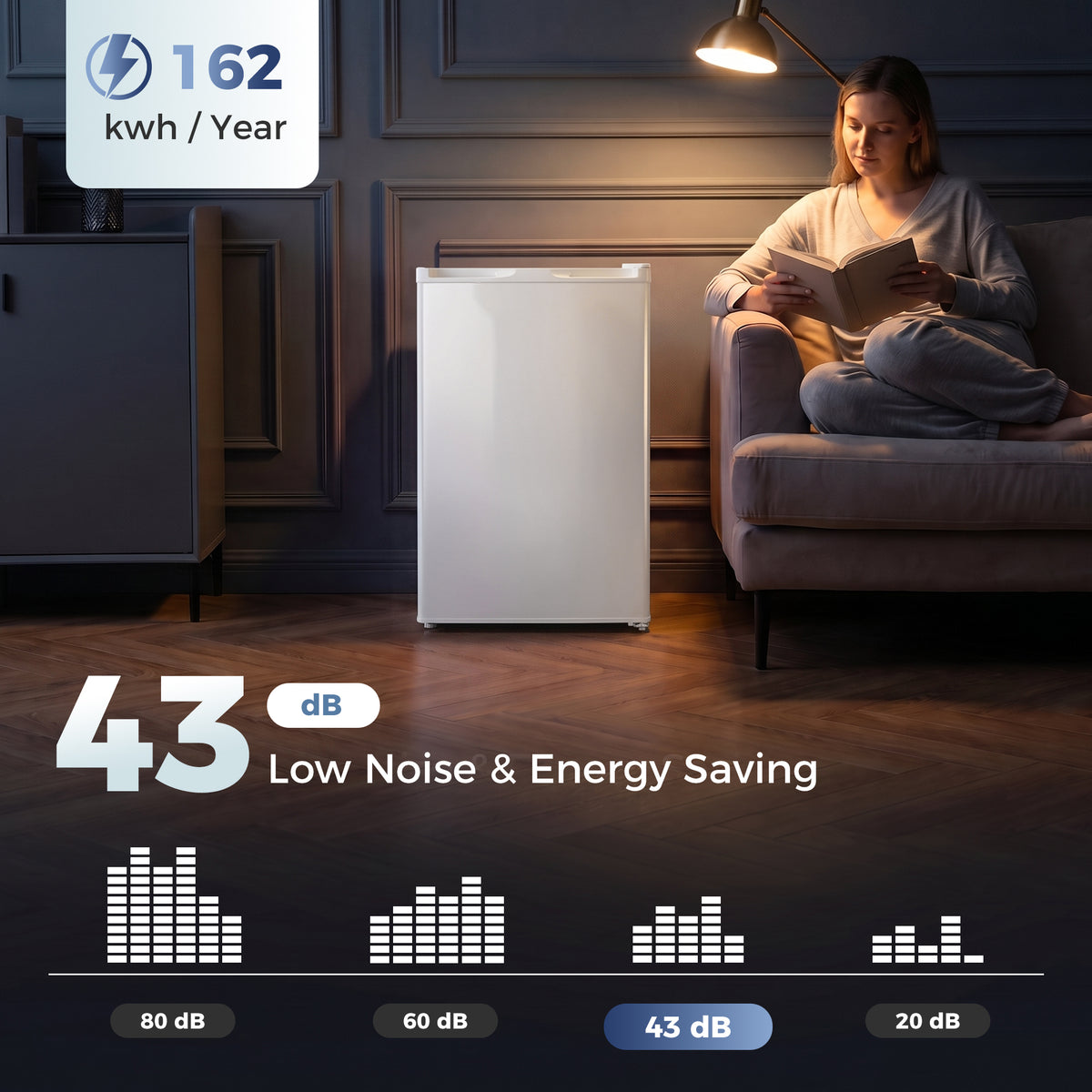 White countertop mini upright freezer with energy and low-noise indicators