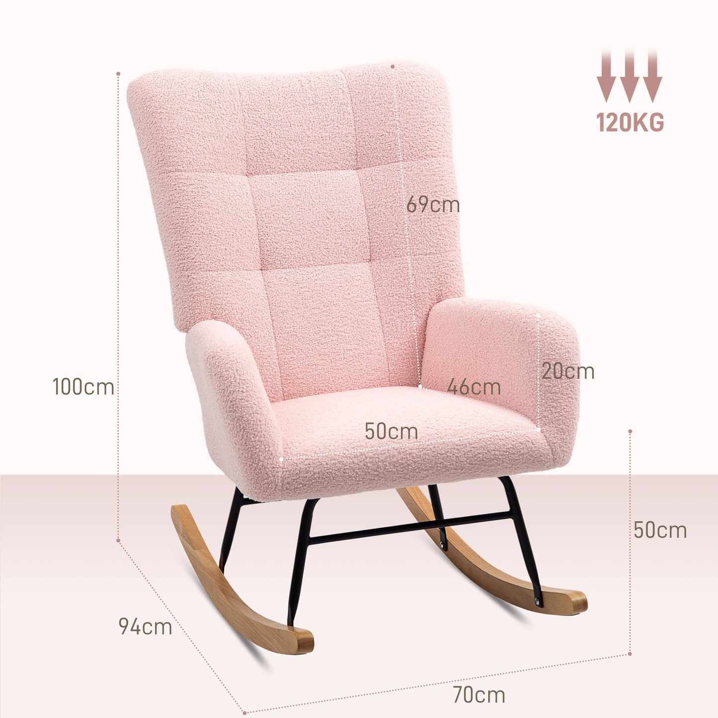 HOMCOM Teddy Fleece Rocking Chair Pink With Wood Feet Plush Upholstery For Comfort